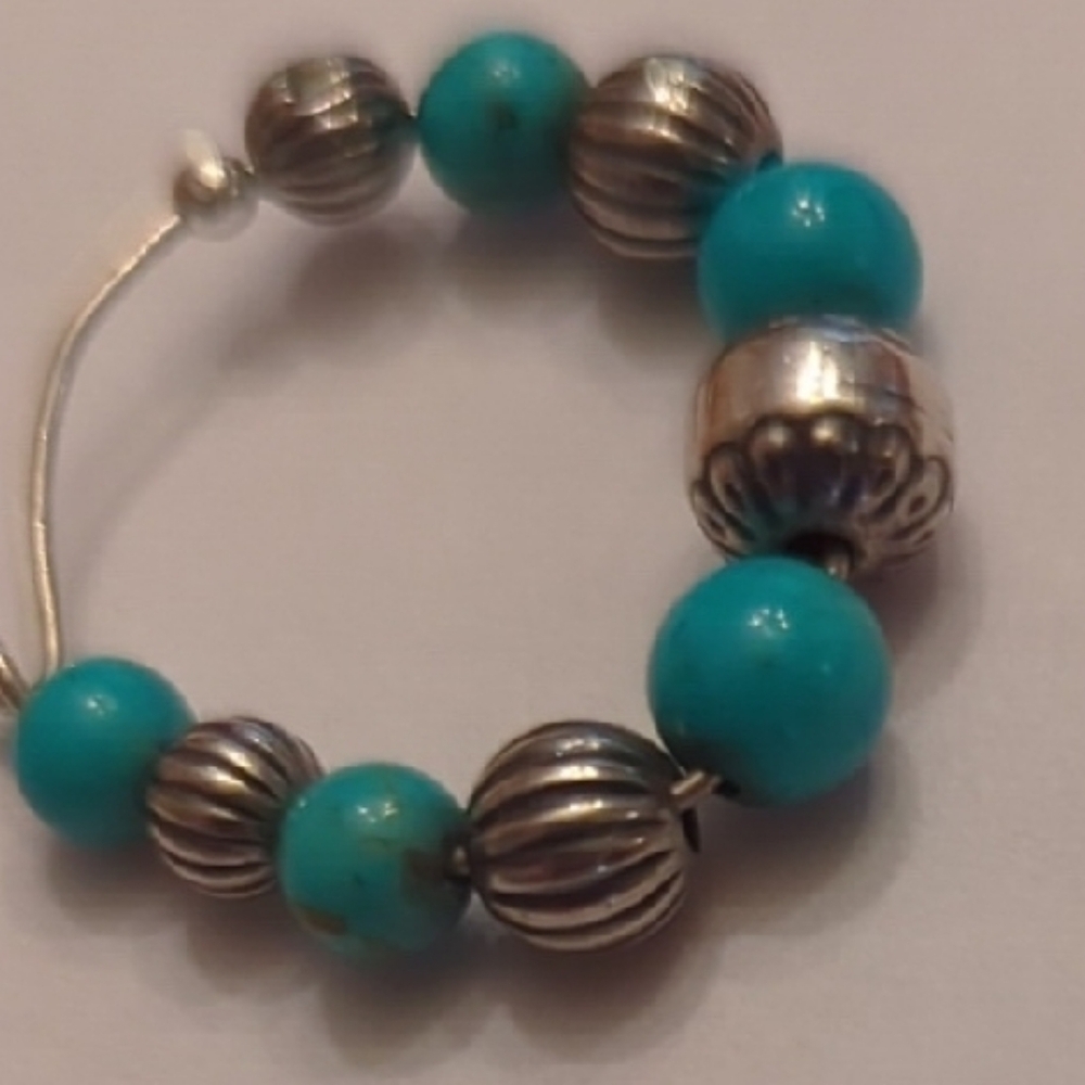 Silver and Turquoise Beaded Hoop Earrings - Picture 3 of 4